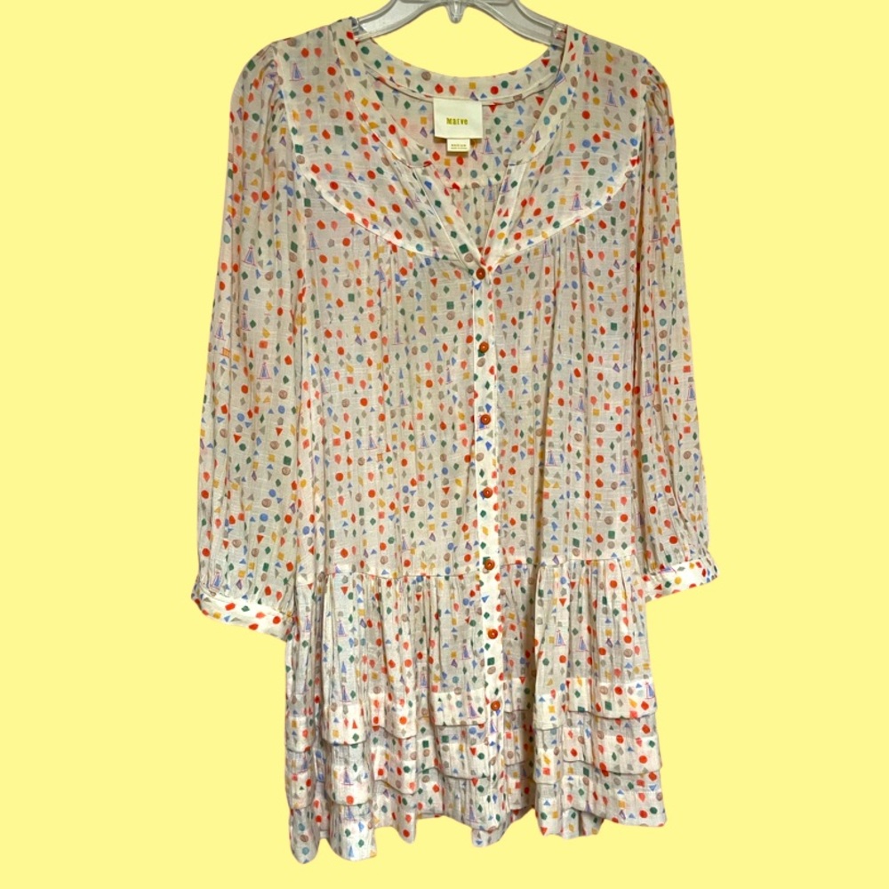 Anthropologie Maeve Peasant MINI Dress Size Medium rayon ivory geometric print
